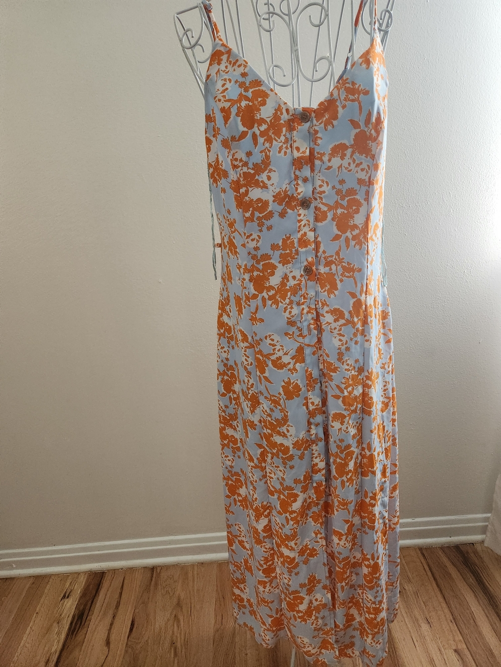 Sienna Sky Blue Orange Floral Button Front Midi Dress Size Medium